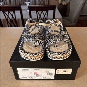 CHANEL Blue & White Braided Platform Sandals with Gold Chain Trim